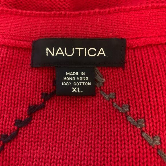 Nautica Size XL Men's V-Neck Sweater Red Blue Argyle Diamond Christmas Holiday - Picture 7 of 7